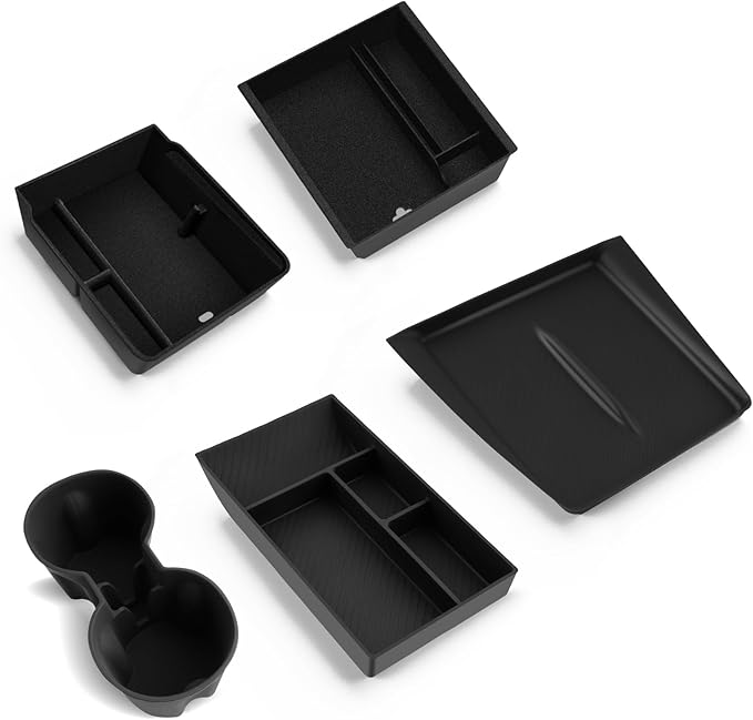 5-Pcks for Model Y Console Armrest Tray+ Cup Holder+ Wireless Charging Mat+ Organizer*2 2025 Model Y& 2024 Model 3 Accessories Armrest Tray Middle Storage Box Insert Container