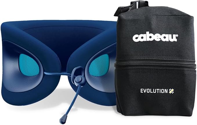 Cabeau Travel Pillow for Long Flights – Evolution X - Memory Foam Neck Support - Comfort On-The-Go for Airplane, Train, and Car (Sapphire) with Evolution X Travel Bag - Black
