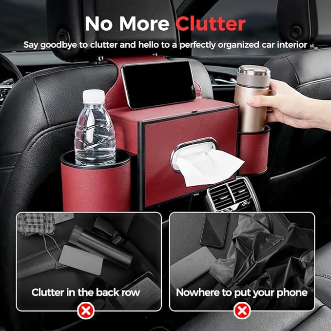 3-in-1 Car Backseat Organizer with Cup Holder, Tissue Box, Trash Bin & Hooks,Multifunctional Back Seat Car Organizer for Hold Phones, Snacks, Drinks, and Handbags (A-Black)