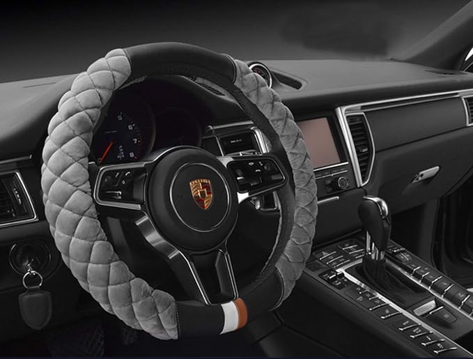 HAOKAY Luxury Fluffy Winter Steering Wheel Cover for Men Women,Soft Warm Short Plush Steering Wheel Cover Gray Fuzzy with Universal 14.5-15 Inch