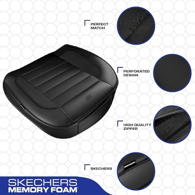 Skechers Car Seat Cover,Memory Foam Faux Leather Front Bottom Seat Cushion Cover,Universal Anti-Slip and Wrap Around The Bottom with Storage Bags,Suitable for Most Cars,Vans,Trucks, SUV -1 Piece,Black