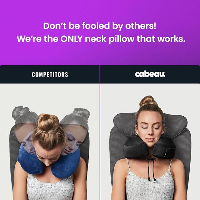 Cabeau Airplane Travel Pillow for Long Flights - Evolution S3 - Supportive Memory Foam with Seat Straps to Secure Your Head and Neck and Provides 360° Support (Jet Black)