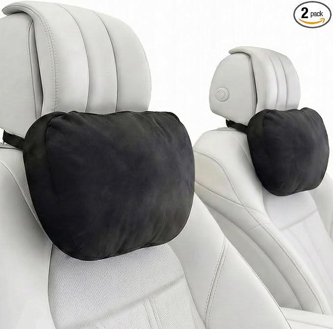 2PCS Car Pillow for Car Neck Pillow for Driving Seat Lumbar Support Soft Cushion with Extra Filling Accessories Back Support for Travel Nap and Trips Sleeping(Black, Head)