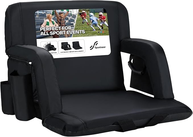 Sportneer Stadium Seats with Back Support: 2.5'' Thick Comfy Cushion 6 Adjustable Angle Bleacher Seat with Armrest - 2 Large Pockets, 2 Cup Holders Stadium Chair for Sport Events Concerts Parks