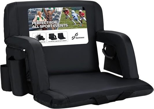 Sportneer Stadium Seats with Back Support: 2.5'' Thick Comfy Cushion 6 Adjustable Angle Bleacher Seat with Armrest - 2 Large Pockets, 2 Cup Holders Stadium Chair for Sport Events Concerts Parks