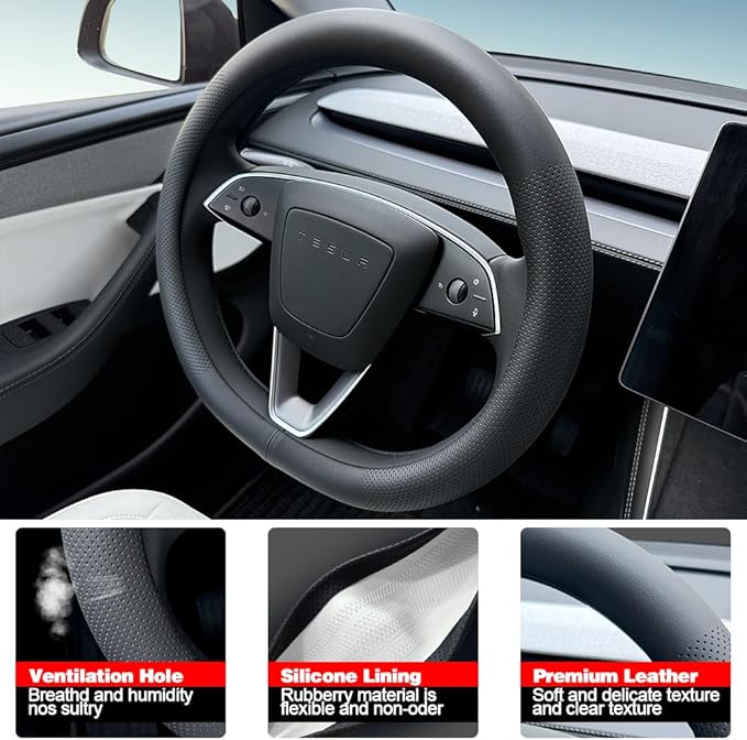 Tesla Model 3 and Model Y Steering Wheel Cover, Comfortable, Non-Slip, Breathable, Black Nappa Leather (Black)