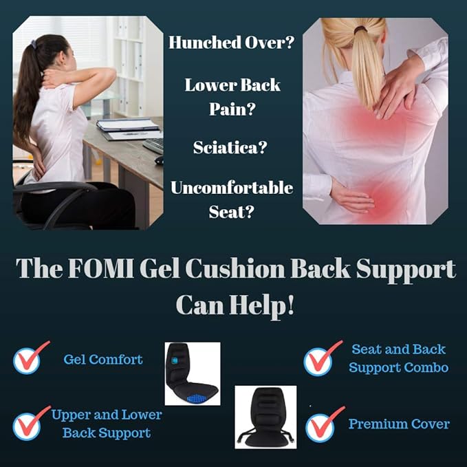 FOMI Premium Gel Cushion and Firm Back Support | Seat Cushion Pad and Upper Lower Thoracic and Lumbar Pillow for Car, Office Chair | Pressure Sore, Coccyx Pain Relief | Posture Aid (Grid Gel)