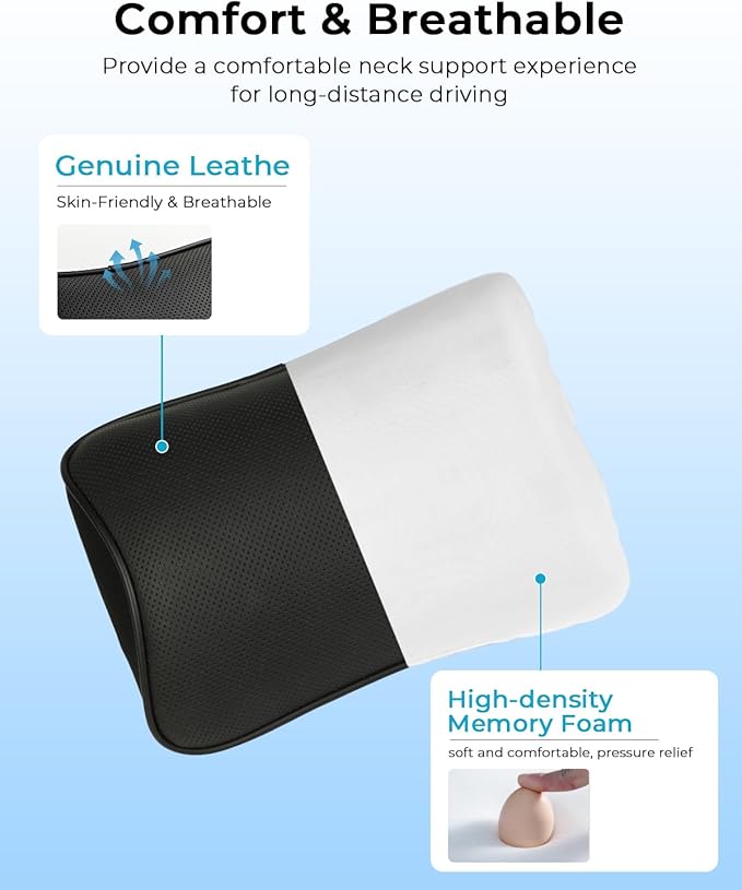 Aukee Memory Foam Car Neck Pillow Soft Leather Headrest for Driving Home Office Black (1PC)