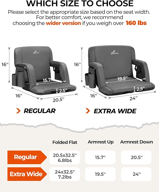 Sportneer Stadium Seats with Back Support: 2.5'' Thick Comfy Cushion 6 Adjustable Angle Bleacher Seat with Armrest - 2 Large Pockets, 2 Cup Holders Stadium Chair for Sport Events Concerts Parks