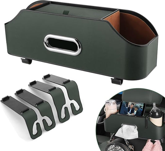 Car Seat Back Organizer - Stylish & Functional Storage for Family Adventures - Cup Holders, Tissue Box & Hooks - Perfect for Kids, Road Trips & Travel (Emeralds)