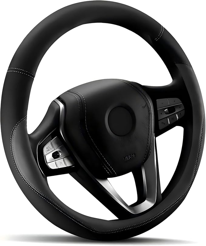 HOTOR Car Steering Wheel Cover - Universal Car Accessory for Diverse Cars, Leather Cover with Anti-Slip Lining, for Steering Wheel with a Diameter of 15.5"-16", Gray