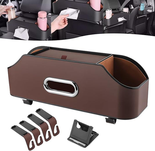 Multifunctional Car Back Seat Storage Organize, 2026 Upgrade 3-in-1 Car Backseat Organizer with Cup Holder, Tissue Box, Trash Bin & Hooks, for Hold Phones, Snacks, Drinks, and Handbags (Brown)