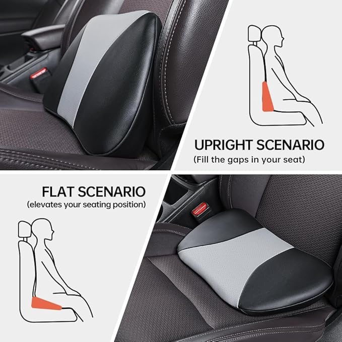 1p Memory Foam Lumbar Support Pillow for car Lower Back Pain Relief - Back Cushion for Driving, Chair Support for Car-Office Chair（Black&Grey）