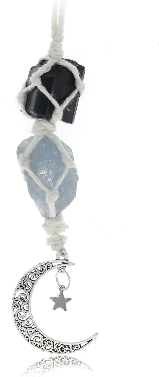 BOHO GARDEN Hanging Car Charm - Black Tourmaline & Blue Calcite - Dangling Moon & Healing Crystal Accessories, Rearview Mirror Decorations - Confidence, Calmness, Creativity, Protection, Communication