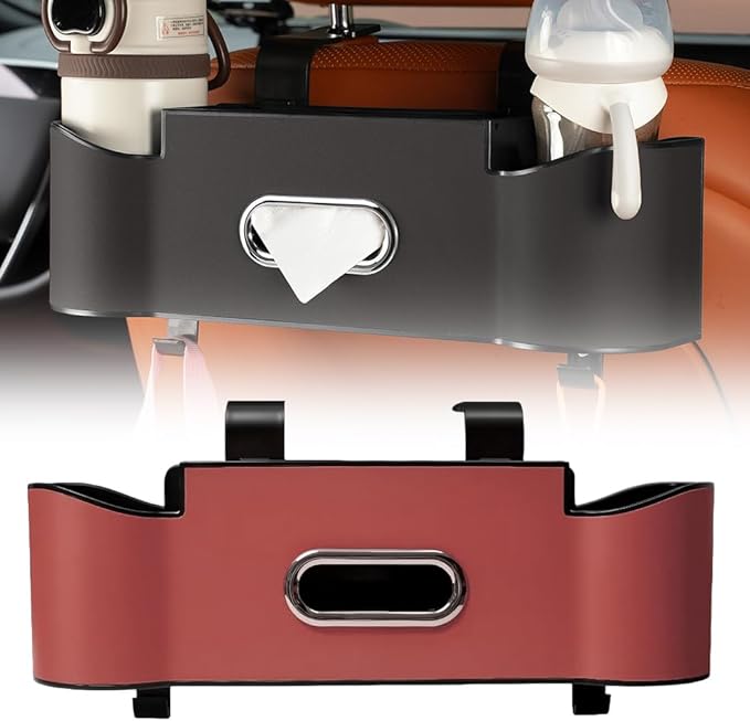 Back Seat Car Organizer with Cup Holder, 2026 New Backseat Car Organizer Back Seat, Multifunctional Car Seat Back Organizer Storage Box with Hooks & Tissue Box, for Drinks, Phone & Handbags (Red)