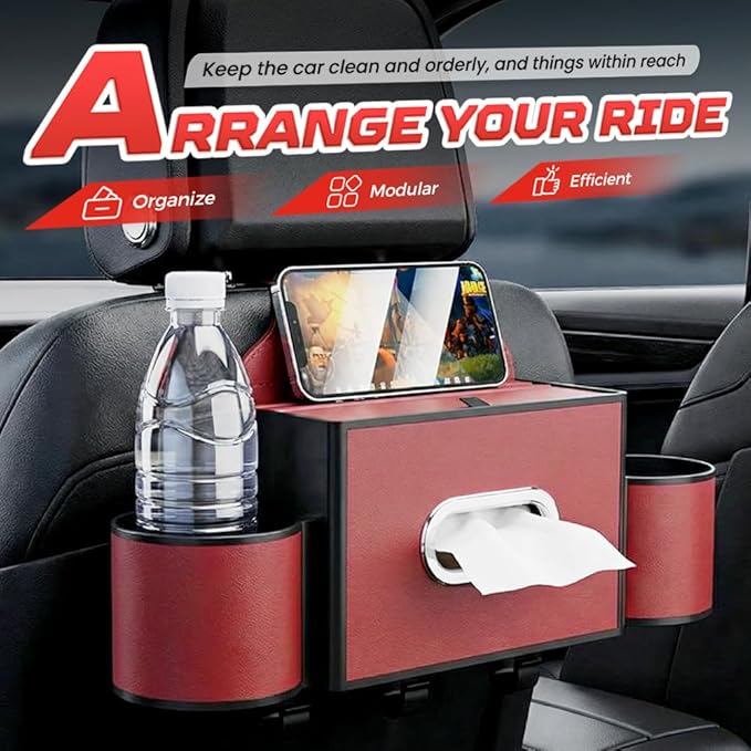 3-in-1 Car Backseat Organizer with Cup Holder, Tissue Box, Trash Bin & Hooks,Multifunctional Back Seat Car Organizer for Hold Phones, Snacks, Drinks, and Handbags (A-Black)
