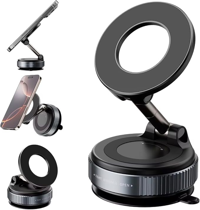 360° Magnetic Car Phone Mount for iPhone, Black Dashboard Holder with Nano Gel Suction, 108+ LBS Force, 3000gf Magnetic Strength, Universal Mount