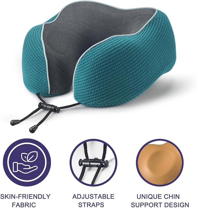 napfun Neck Pillow for Traveling, Upgraded Travel Neck Pillow for Airplane 100% Pure Memory Foam Travel Pillow for Flight Headrest Sleep, Portable Plane Accessories, Luxury Sets (Optional), Teal