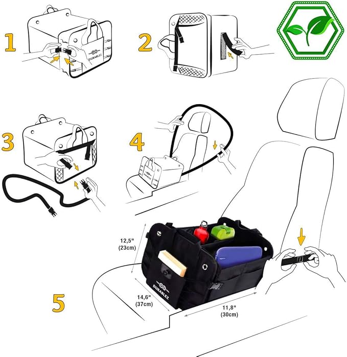 2-Section Trunk Organizer Foldable Car Storage Bin – Compact Dual-Compartment Auto Organizer with Cover Net, Non-Slip Pads, Heavy Duty Oxford 1680D – Black