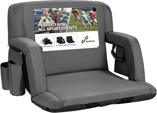 Sportneer Stadium Seats with Back Support: 2.5'' Thick Comfy Cushion 6 Adjustable Angle Bleacher Seat with Armrest - 2 Large Pockets, 2 Cup Holders Stadium Chair for Sport Events Concerts Parks