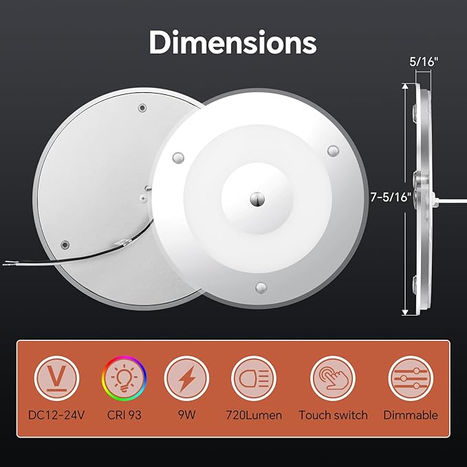 7.3 Inch 12 Volt LED Ceiling Dome Light, 720LM Dimmable Interior Light for RV Boat Camper Van Caravan Truck Motorhome Interior Lighting, Blue Light & Touch Switch(Warm White)