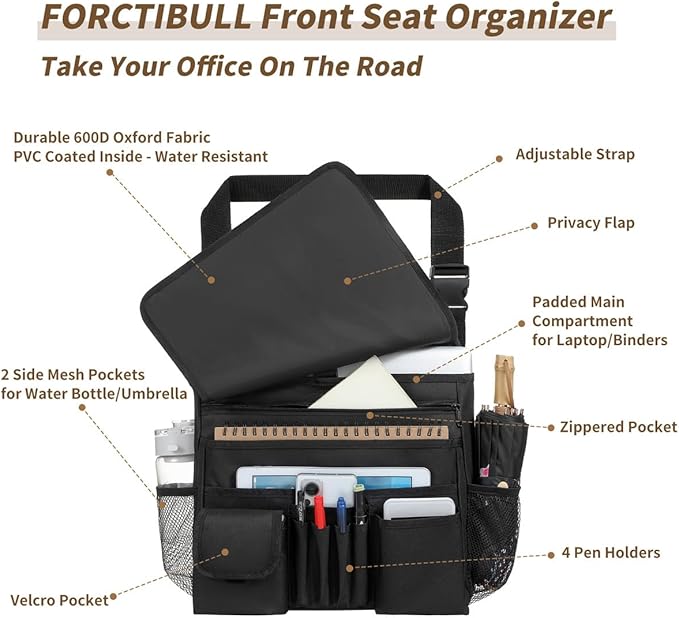 Car Front Seat Organizer for Paperwork File Laptop Mobile Office, Multi Compartment Storage Bag with Cup holder and Adjustable Strap for Car Work Truck Van