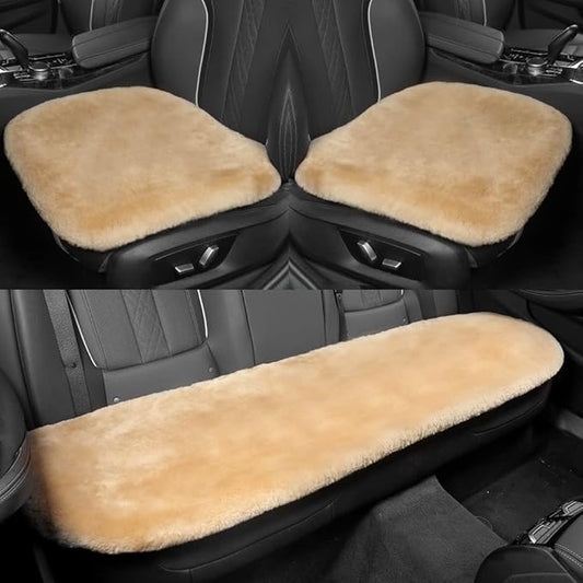 Genuine Sheepskin Auto Seat Pad,Soft Wool Seat Cover Breathable and Sweat-Wicking Comfort Warm Universal Fit (Front seat Cushion 2pcs & Rear seat Cushion 1pc, Khaki)