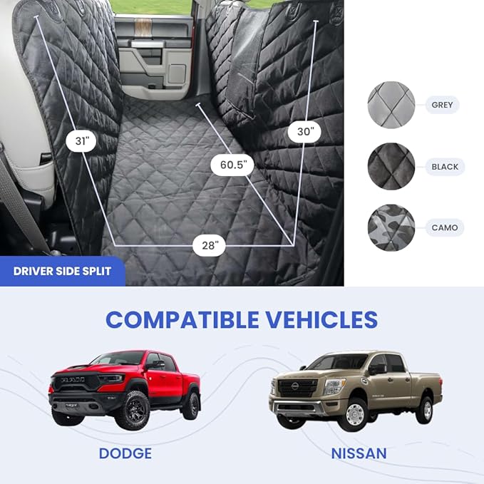 4Knines Dog Floor Hammock for Truck & Crew Cab with Fold Up Seats – Back Seat Pet Cover for Dogs – Compatible with Ram and Nissan Full Size Trucks (Driver Side Split, Black)