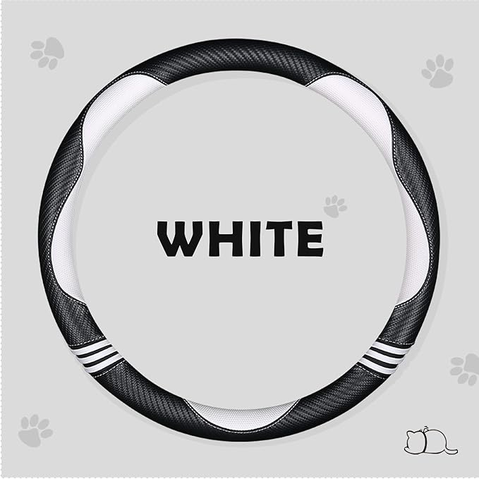 Car Steering Wheel Covers for Women Padded Carbon Fiber PU Leather Cute Auto Interior Accessories for Vehicle, Sedan, Universal, Anti Slip, White, Standard Size, 14.75-15.15in