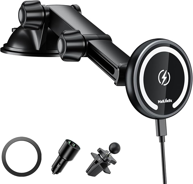 for Magnetic Magsafe Car Mount Charger, Wireless Car Charger with Fast Max 38W QC3.0Charging Adapter Retractable Phone Holder Fits iPhone16/15/14/13Plus/MagSafe Case,Dashboard/Vent/Windshield