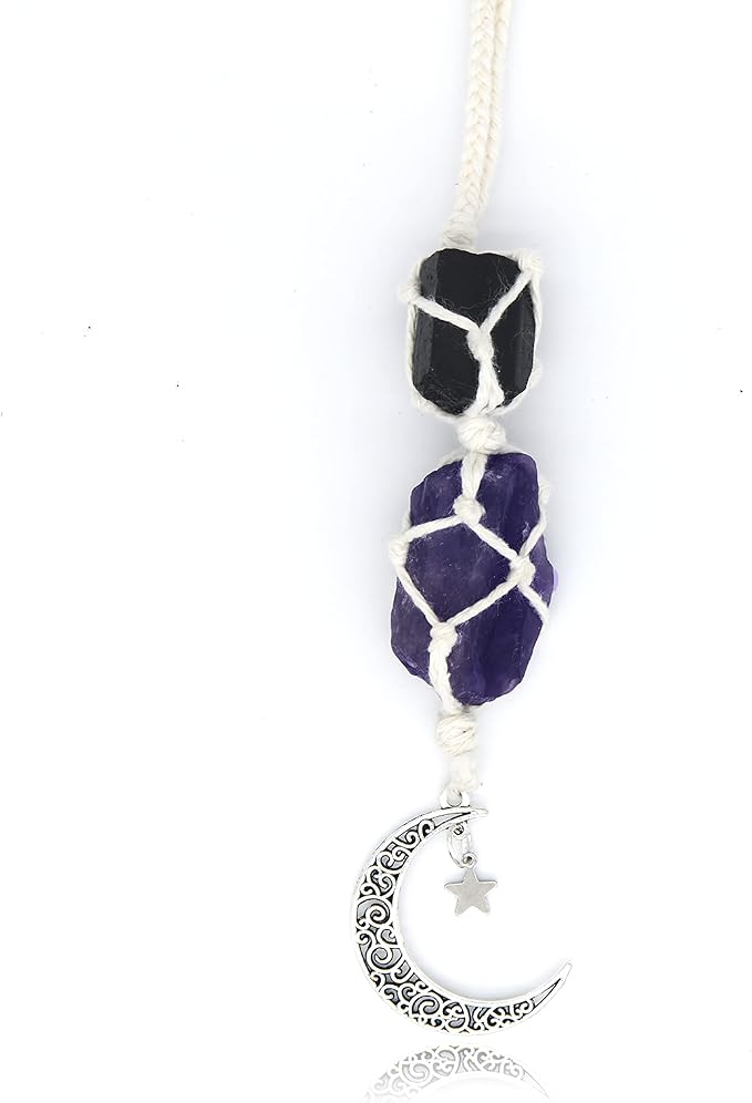 BOHO GARDEN Hanging Car Charm - Black Tourmaline, Amethyst - Dangling Moon, Healing Crystal Accessories, Rearview Mirror Decorations - Grounding, Confidence, Protection, Balance, Energy, Spirituality