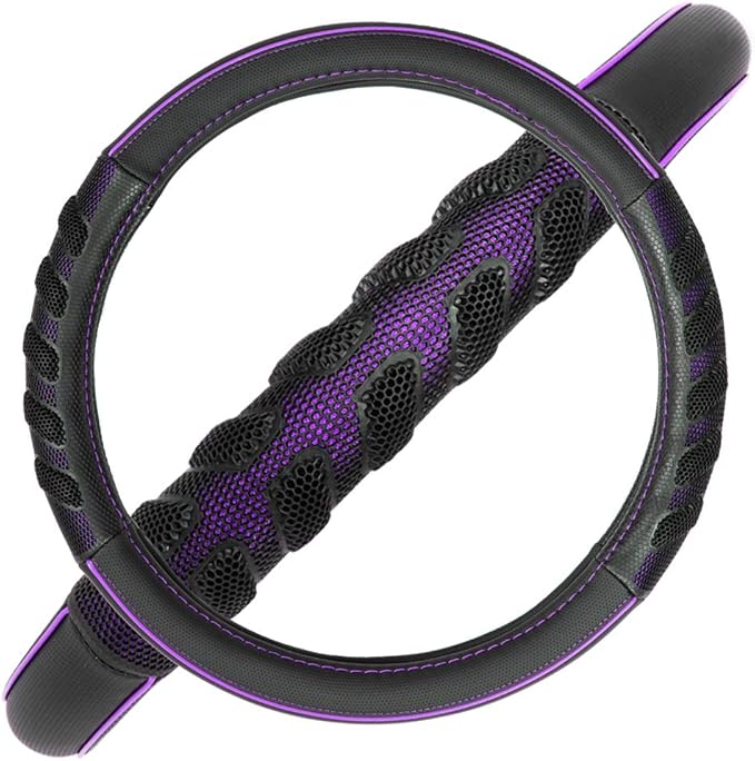 Flying Banner car Steering Wheel Cover Faux Leather Massage Universal fit 3D Honeycomb Hole Anti-Slip Sporty 15 Inches (Purple Black)