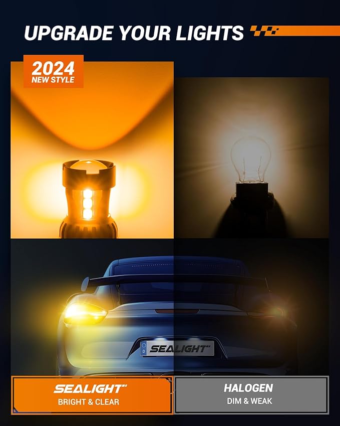 SEALIGHT 3156 3157 LED Bulb Amber Turn Signal Lights, 3056 3457A 4057 4157 LED Light Bulb with HD Projector & Extra Resistor Replacement for Front Rear Turn Signal, Blinker Parking Marker Light, 2PCs