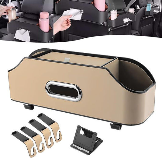 Multifunctional Car Back Seat Storage Organize, 2026 Upgrade 3-in-1 Car Backseat Organizer with Cup Holder, Tissue Box, Trash Bin & Hooks, for Hold Phones, Snacks, Drinks, and Handbags (Beige)