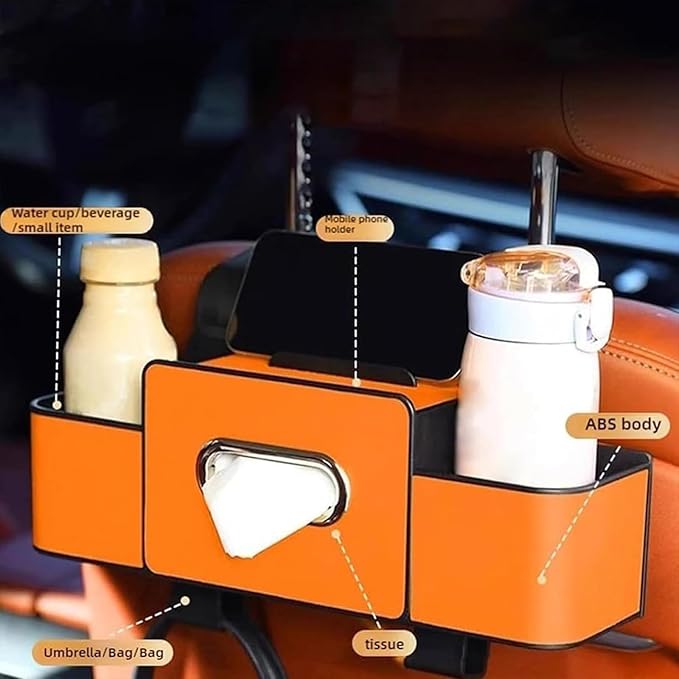 Car Organizer, 3-in-1 Backseat Car Organizer with Dual Cup Holders, Tissue Box & Phone Holder - Multifunctional Waterproof Storage for Daily Driving & Travel (Black)