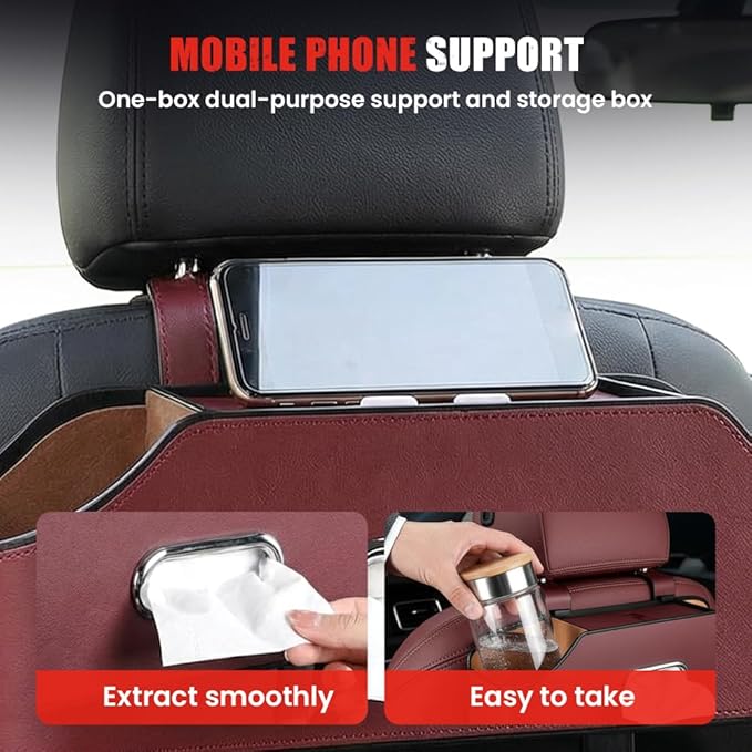 3-in-1 Car Backseat Organizer, 2026 Multifunctional Car Back Seat Storage Organize Box with Cup Holder Tissue Box, for Hold Phones, Snacks, Drinks, Handbags (Brown)