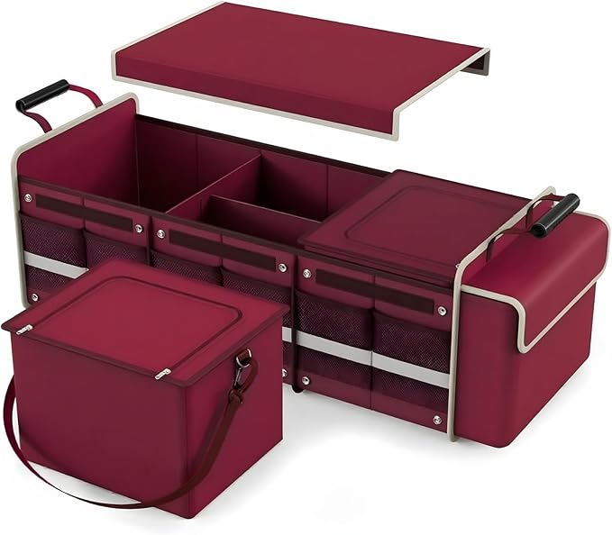 Large Trunk Organizer for SUV with Premium Portable Cooler Bag, Car Organizers and Storage with Foldable Cover, Collapsible Car Trunk Bed Organizer for Truck, 2 Retractable Straps, 90L+20L, Wine Red-C