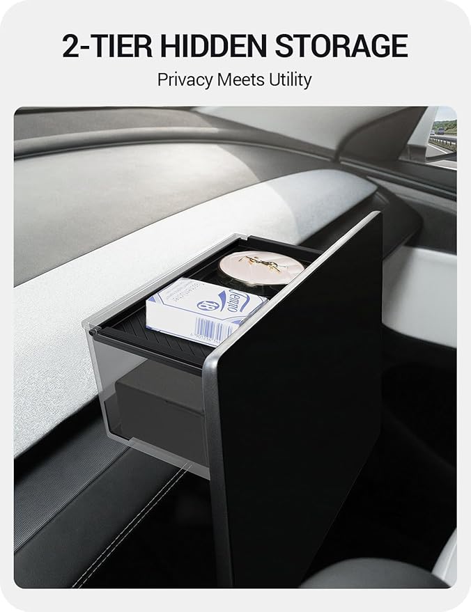 BASENOR Behind Screen Storage for Tesla Model Y Juniper 2025-2026 Model 3 Highland 2024-2026, Hidden Sunglasses Holder Tray with Privacy Protection, Dashboard Center Console Organizer Accessories