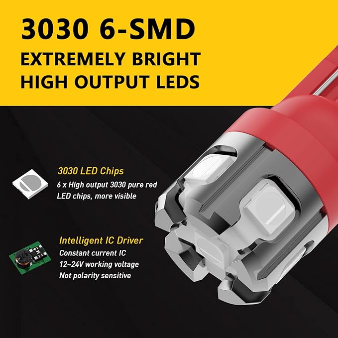 PHINLION 194 LED Light Bulb Red Super Bright 168 2825 W5W T10 Wedge 6-SMD 3030 Chipsets LED Replacement Bulbs for Car Dome Map Parking Door Courtesy Side Marker License Plate Lights