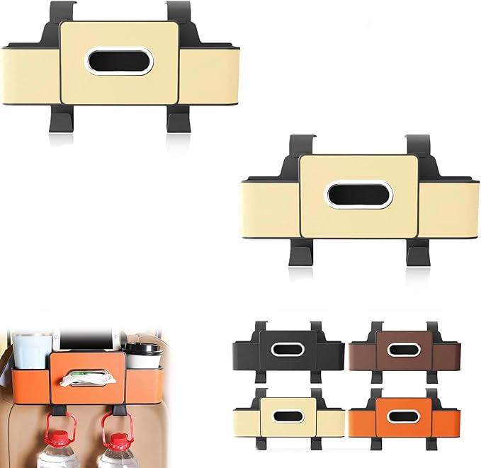 3 in 1 Car Backseat Organizer with Cup Holder, Leather Multifunctional Seat Back Storage with Tissue Box, Phone Holder and Hooks, for Hold Phones, Snacks, Drinks, and Handbags (White,2PCS)