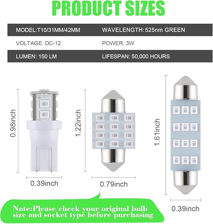 24 Pieces Dome Light LED Car Interior Bulb Kit Set 194 T10 DE3175 578 31mm 42mm Bulbs Interior Replacement Lights for Car Map License Plate Door Side Marker Cornering Trunk Light - Green