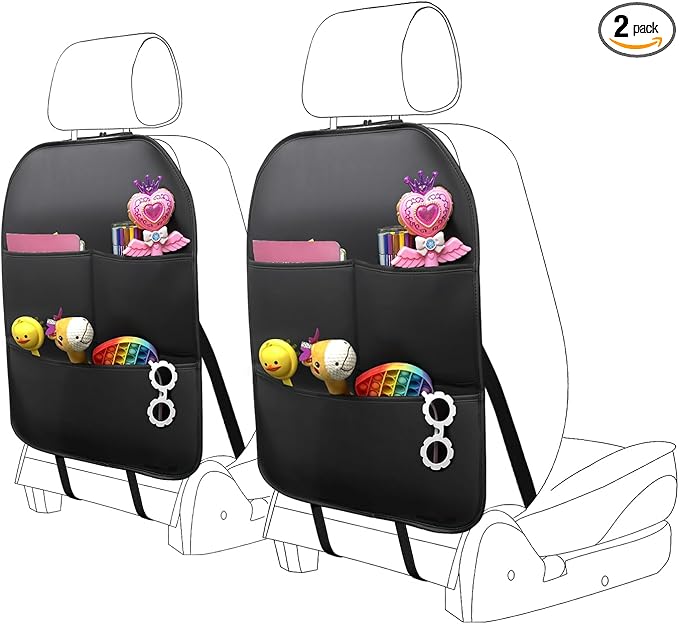 2 Pack PU Leather Kick Mat Back Seat Protector With 3 Storage Pockets, Universal Car Seat Back Organizer For Kids Pets, Waterproof Backseat Protector For Most Car (Black)