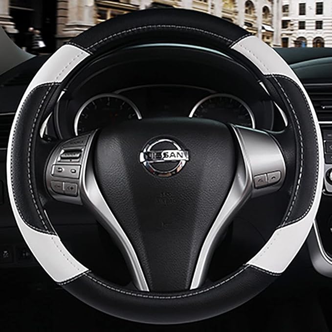 Leather Car Steering Wheel Cover, Non-Slip Car Wheel Cover Protector Breathable Microfiber Leather Universal Fit for Most Cars(White)