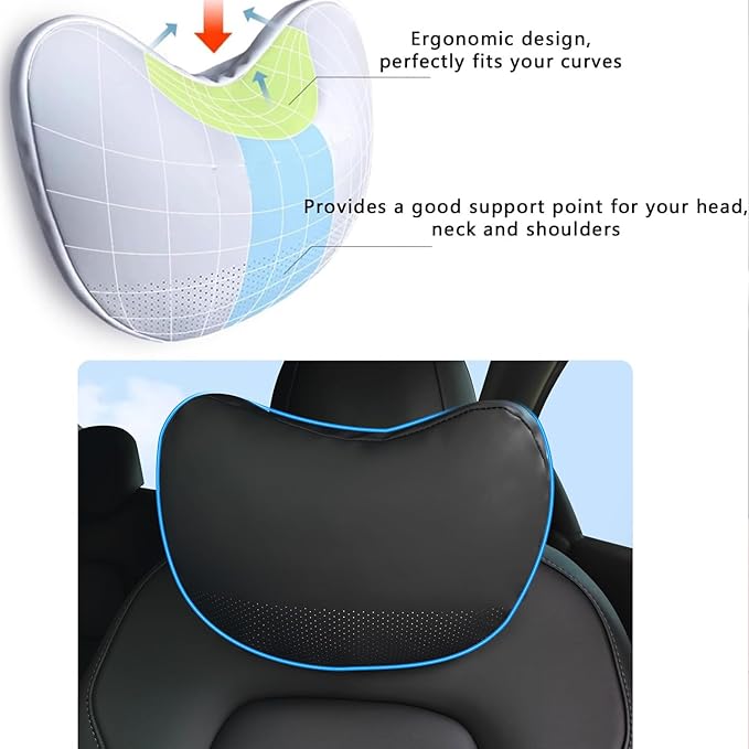 Car Headrest Pillow Genuine Nappa Leather Softness Car Neck Pillow for Accessories Seat Headrest Pillow for Driving and Traveling, 2 Packs, Black