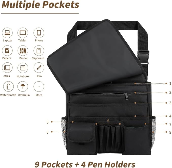 Car Front Seat Organizer for Paperwork File Laptop Mobile Office, Multi Compartment Storage Bag with Cup holder and Adjustable Strap for Car Work Truck Van