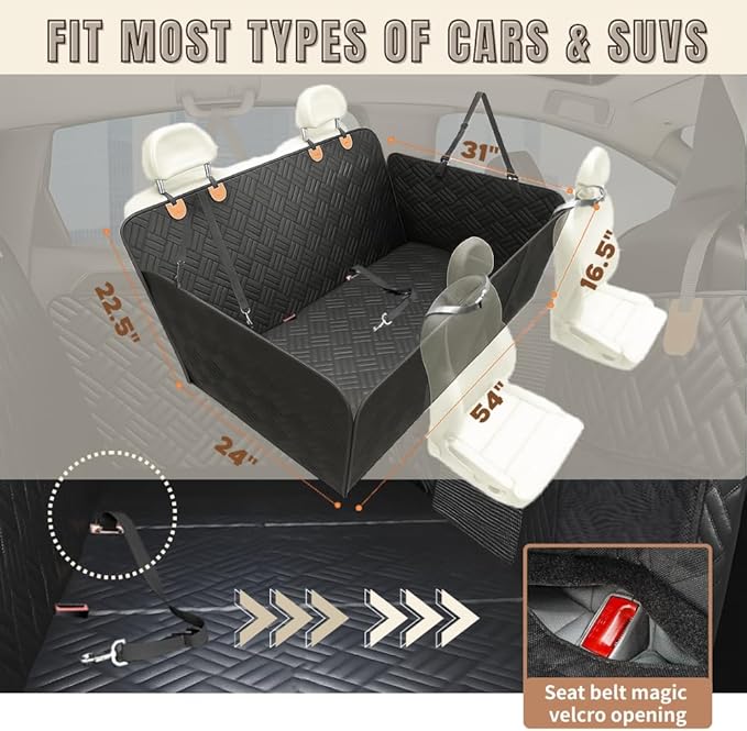 Dog Car Seat Cover for Back Seat, Hard Bottom Upgraded Leather Back Seat Extender Holds 400lbs, Waterproof Anti-Scratch Heavy Duty Dog Hammock for Car, SUV, Truck, Large Space Pet Travel Bed