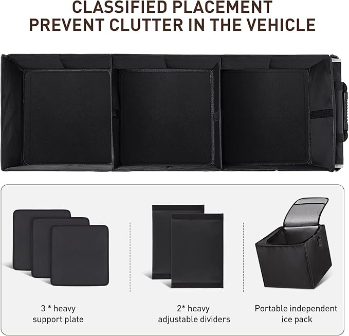 HIRALIY 4 in 1 Car Trunk Storage Organizer with Leakproof Cooler Bag, Multi-Compartment Foldable Trunk Storage Box for Car Truck SUV Black