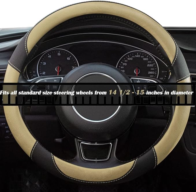 Universal Car Steering Wheel Cover Breathable Anti-Slip, 15 inch Microfiber Leather Auto Steering Wheel Cover for Car Truck SUV Classic Beige