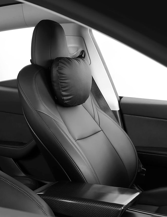 TPARTS Leather Headrest Neck Pillow for Tesla Model Y/X/3/S, Tesla Model 3 Accessories,Tesla Model Y Accessories, Car Neck Pillow for Traveling (Set of 2 Black)