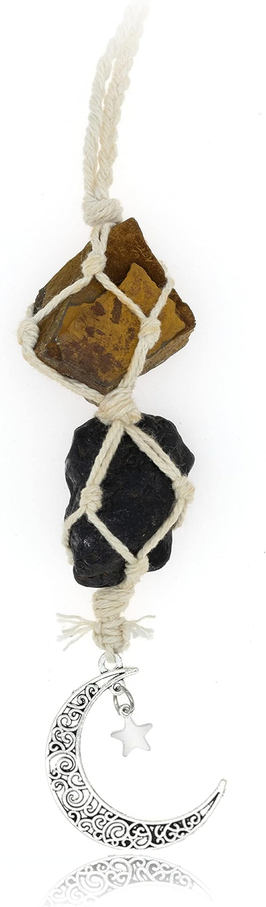 BOHO GARDEN Hanging Car Charm - Tiger Eye & Black Tourmaline - Dangling Moon, Healing Crystal Accessories, Rearview Mirror Decorations - Grounding, Confidence, Protection, Courage, Resilience, Energy